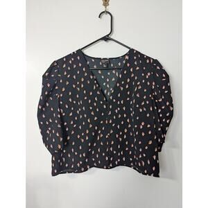 Free Press Size XL Crop Puff Sleeve Blouse Black Confetti Button Front V Neck